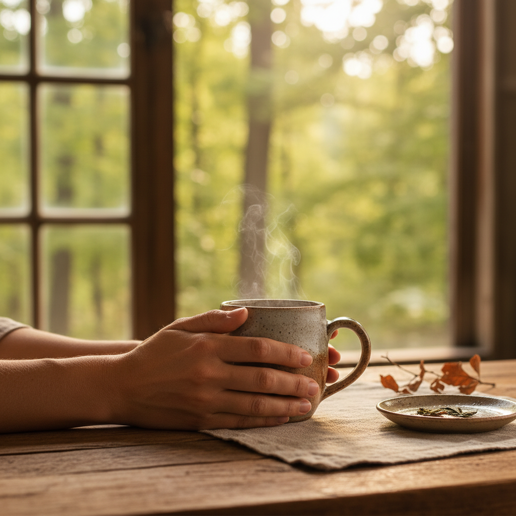Primer plano de manos sosteniendo una taza de té caliente en un ambiente rústico