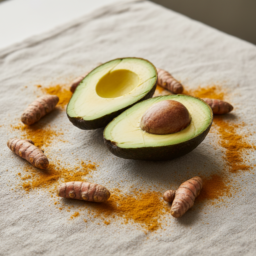 Aguacate maduro abierto a la mitad sobre una superficie de lino