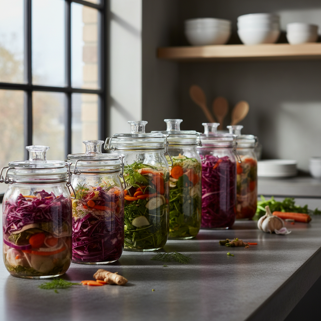 Tarros de cristal con vegetales fermentados sobre una encimera de cocina oscura