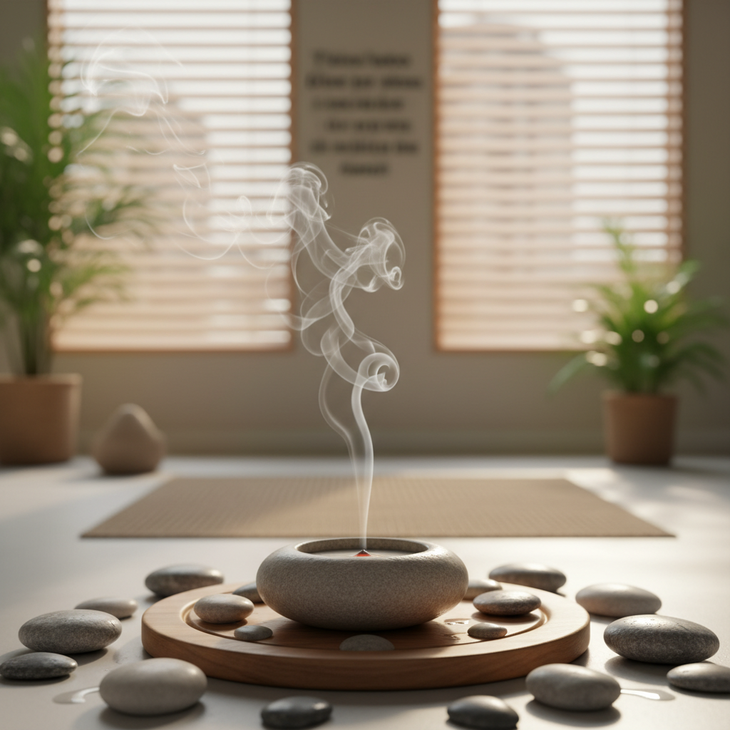 Incienso humeante y piedras de río en un entorno de meditación