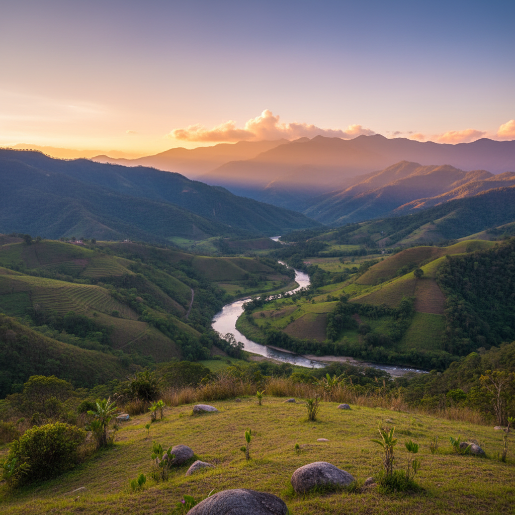 Paisaje sereno de montañas en Colombia con luz cálida del atardecer