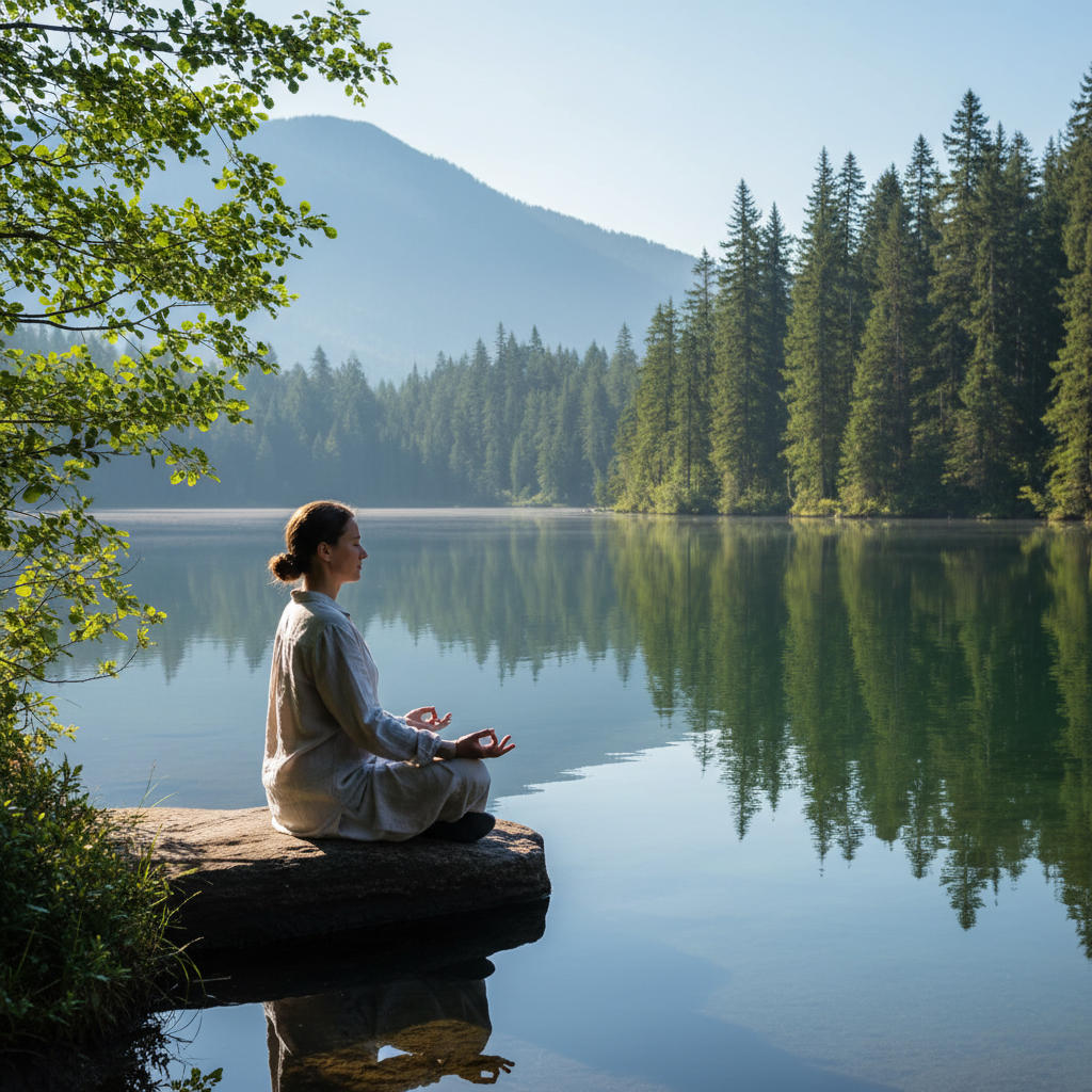 Persona meditando en silencio frente a un lago tranquilo rodeado de árboles